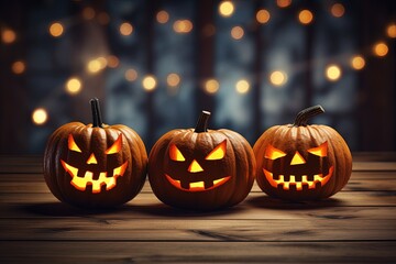 Fototapeta premium Halloween pumpkins on wooden table with bokeh lights background.Generative Ai
