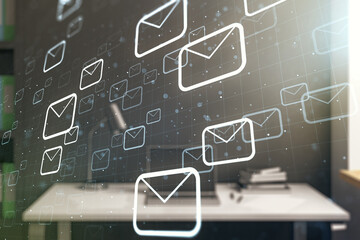 Creative abstract postal envelopes sketch and modern desk with computer on background, e-mail and marketing concept. Double exposure