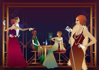 A girl with a microphone, a couple of people dancing, people at a table with alcohol. Retro party in art deco style. Vector illustration