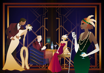 A girl with a microphone, a couple of people dancing, people at a table with alcohol. Retro party in art deco style. Vector illustration