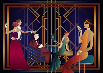 A girl with a microphone, a couple of people dancing, people at a table with alcohol. Retro party in art deco style. Vector illustration