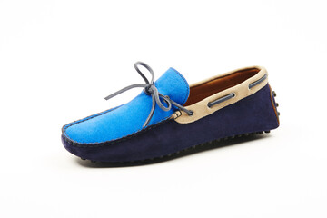 Handmade men's leather moccasins, loafers on an isolated white background. 