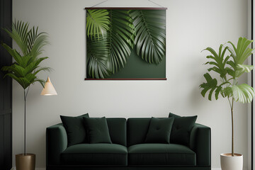 Mockup luxury tropical big poster frame close up on wall with tropical plant, 3d render, dark color