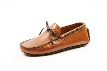 Handmade men's leather moccasins, loafers on an isolated white background. 