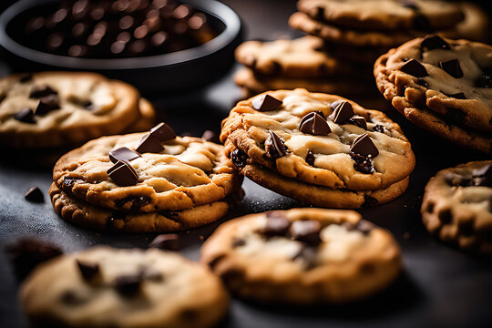 Delicoisas galletas con chips de chocolate dispuestas sobre una mesa. Un mont&oacute;n de galletas reci&eacute;n horneadas. Postre o merienda de chocolate. Ilustraci&oacute;n creada con herramientas generativas de IA.