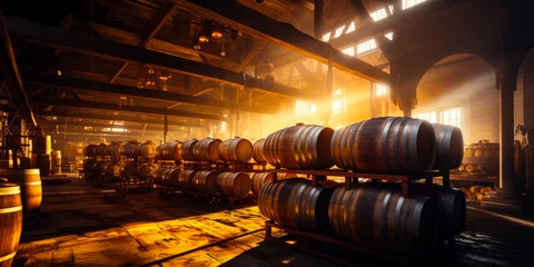 Fotobehang Spacious wooden barn with numerous barrels in. Storage of alcohol drinks at the production process. Generative AI. © Vadim
