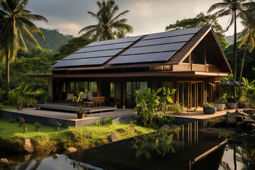 Fototapeta na wymiar House with solar panels on the roof
