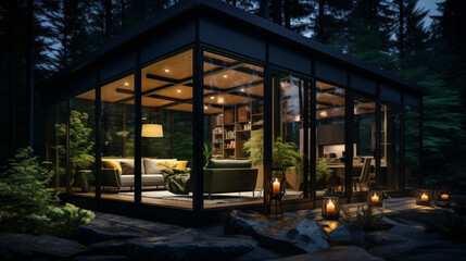 Contemporary Luxurious Villa Exterior in Minimalist Design. Glass-Encased Cottage Nestled in Woods during Nighttime. Modern Cabin-Style House Tucked in Deep Forest.