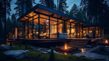 Fototapeta na wymiar Contemporary Luxurious Villa Exterior in Minimalist Design. Glass-Encased Cottage Nestled in Woods during Nighttime. Modern Cabin-Style House Tucked in Deep Forest.
