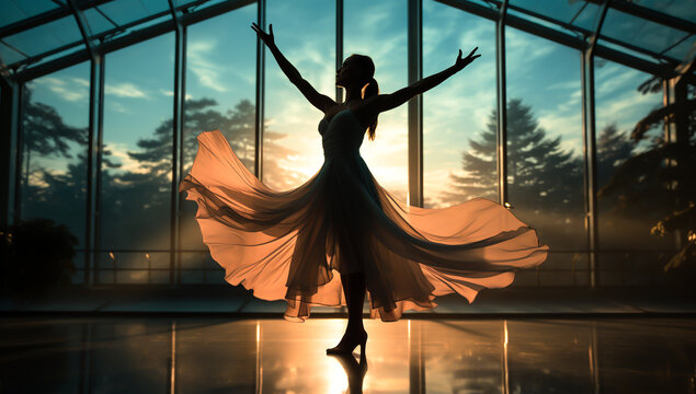Silhouette of a ballerina dancing by the window against sunset light. AI generated