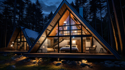 Fototapeta premium Contemporary Luxurious Villa Exterior in Minimalist Design. Glass-Encased Cottage Nestled in Woods during Nighttime. Modern Cabin-Style House Tucked in Deep Forest.
