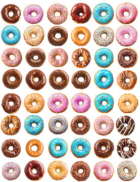 collection of donuts, isolated on transparent background cutout - png - different flavors mockup for design - image compositing footage - alpha channel