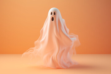 A Halloween ghost isolated on a light pastel peach background