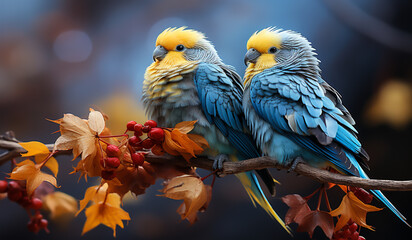 Pair of parakeets perched on a tree branch. AI generated