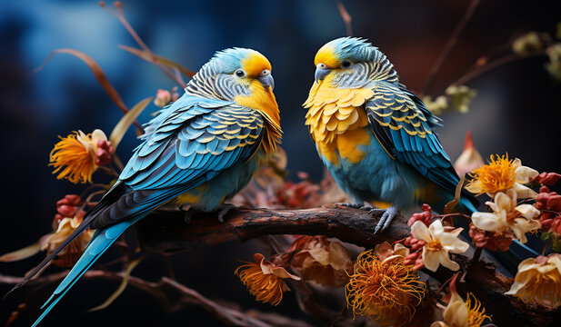 Pair of parakeets perched on a tree branch. AI generated