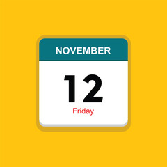 friday 12 november icon with yellow background, calender icon