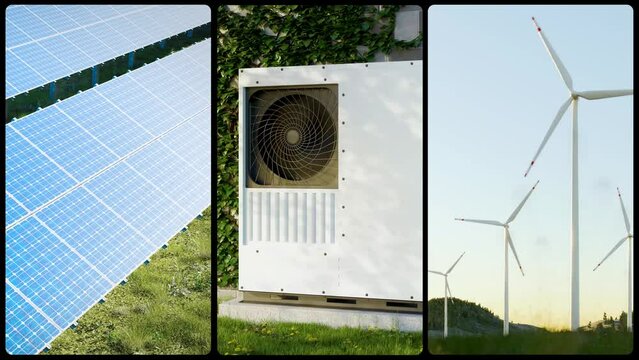 Eco-friendly modern devices - photovoltaic panels, solar farm, heat pump, and wind power in the form of wind turbines. A set of three animated shots, including luma matte. 3d render