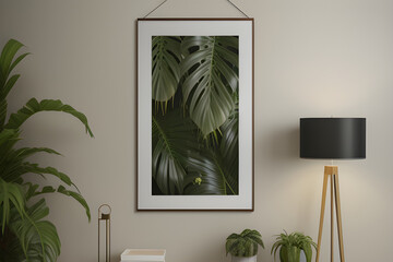 Mockup luxury big vertical poster frame close up on wall with tropical plant, 3d render, dark color