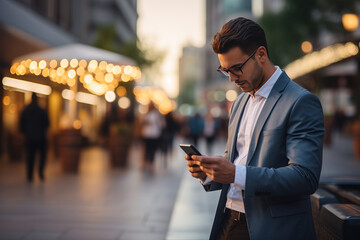 Close-up image of businessman watching smart mobile phone device outdoors. Business man networking typing an sms message in city street. - obrazy, fototapety, plakaty