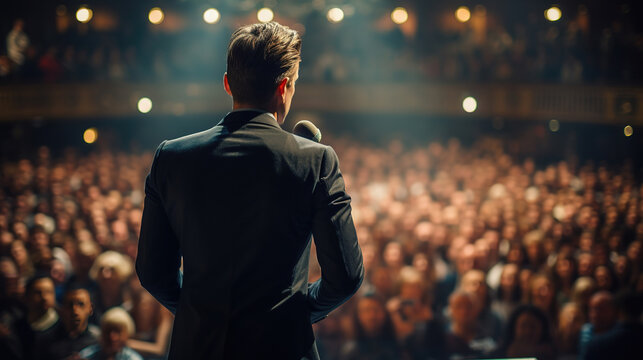 Back view of motivational male or female speaker standing on stage in front of audience for motivation speech on conference or business event.