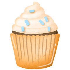 a hand painting of cute pastel cupcake with blue sprinkle on top. png clipart for birthday card decoration