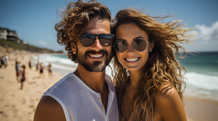 Fototapeta premium Couple enjoys at the beach, smiling Generative AI