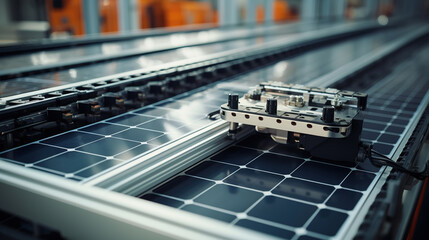 Industrial Robot Arms at Production Line at Modern Bright Factory. Solar Panels are being Assembled on Conveyor. Automated Manufacturing Facility