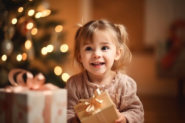 Fototapeta na wymiar excited little girl waiting near the Christmas tree, happily