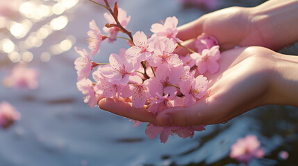 hand holding a cherry blossom petal
