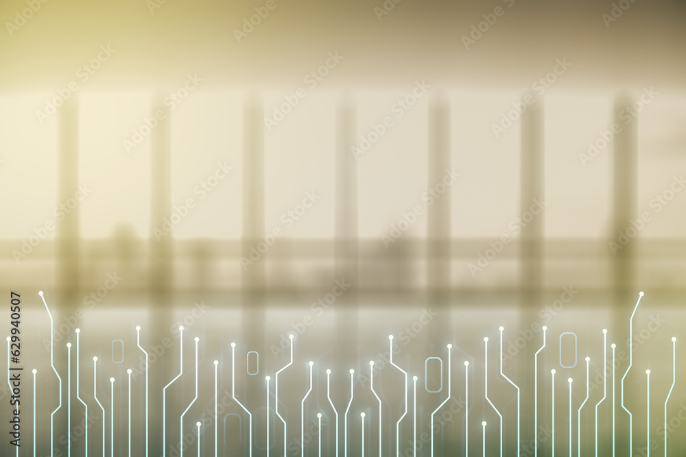 Aufkleber double exposure of abstract virtual circuit hologram on empty modern office background. research and