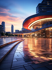 Fototapeta premium empty floor wiht modern building background.