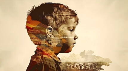 Concept art of the state of the child's mind in the context of warfare. Double exposure of a little boy with a chaotic city 
