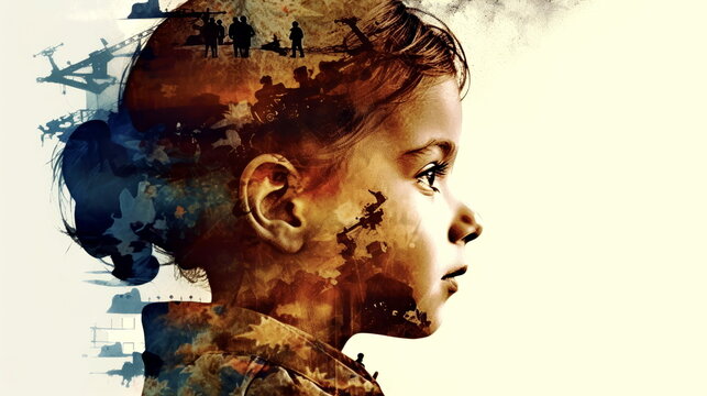Concept art of the state of the children's mind in the context of warfare. Double exposure of a little girl with a chaotic city 