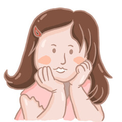 a cute girl wearing pink shirt Put her hand on her cheek. people png clipart.