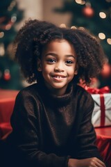 excited little black girl at home near the Christmas tree, happily