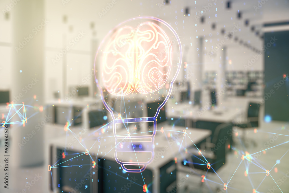 Leinwandbilder abstract virtual idea concept with light bulb and human brain illustration on a modern furnished off