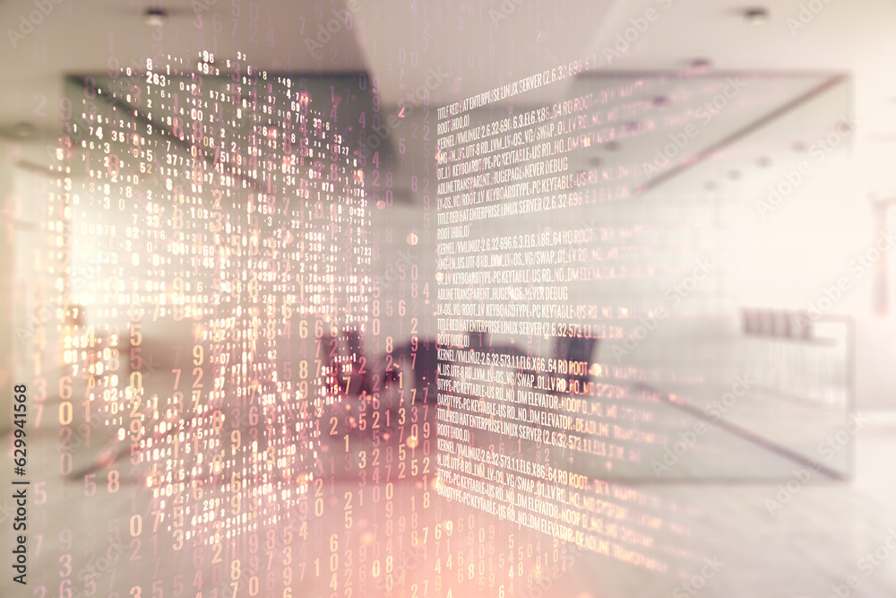 Aufkleber double exposure of abstract virtual creative code skull hologram on modern corporate office backgrou