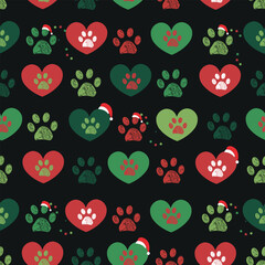 Merry Christmas and Happy new year doodle paw prints with hearts seamless fabric design repeated pattern black - 629941560
