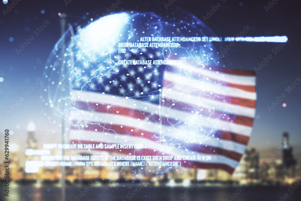 Poster multi exposure of abstract programming language hologram and world map on us flag and city backgroun