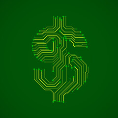 Symbol of dollar. Circuit board. Technology vector sign