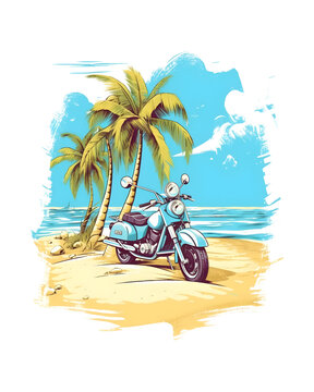 Motorbike in front of a beach cartoon t-shirt design graphic - Generative AI