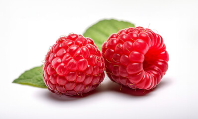 Ripe raspberries with leaves close-up isolated on a white background.