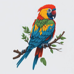 cartoon macaw on tree branch , vector, illustration, white background