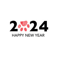 2024 text with doodle red paw print. Happy new year and Merry Christmas greeting card - 629942556