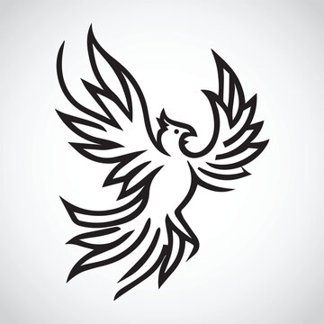Multipurpose Outline Phoenix Bird Silhouette Icon Logo. Black And Isolated On White Background. Phoenix Bird Tattoo, Sticker. Vector Illustration.