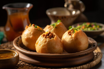 Golgappa Filled with Boiled Potatoes, Chickpeas, Sprouts with Spiced Water and Sweet Chutney 