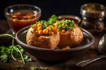 Golgappa Filled with Boiled Potatoes, Chickpeas, Sprouts with Spiced Water and Sweet Chutney  - obrazy, fototapety, plakaty