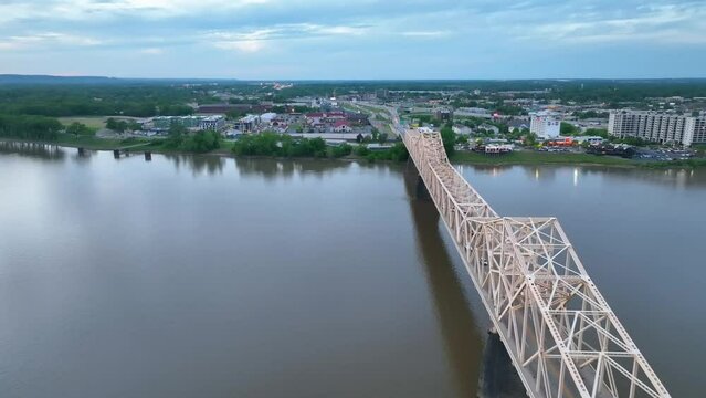 George Rogers Clark Memorial Bridge at dusk dolly video toward Clarksville Indiana