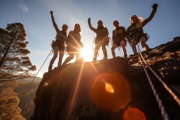 group of people rock climbing celebrating reaching the top, with sun flare on mountains with wide lens - Powered by Adobe