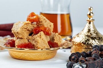 Turkish sweet desserts, halva with dried apricots